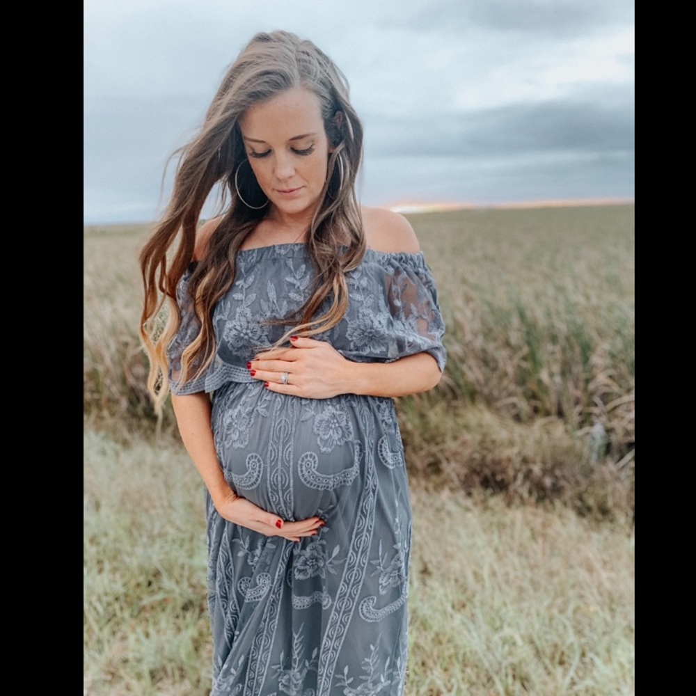 Pink blush Lace Off Shoulder Maternity Maxi Dress